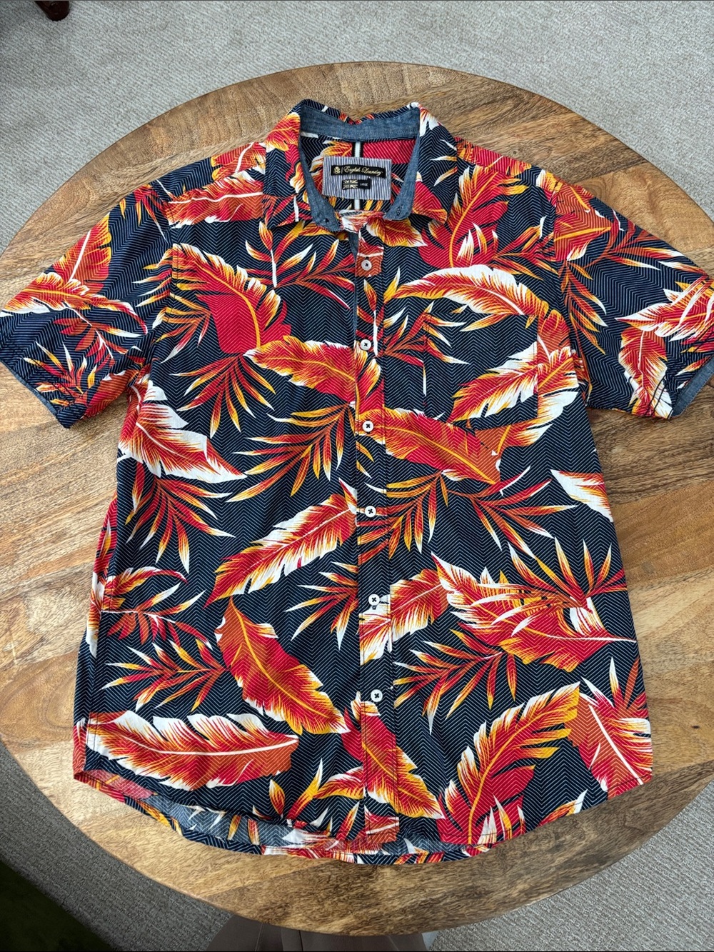 English Laundry Men's Short-Sleeve Tropical Shirt in Navy Blue and Red/Orange